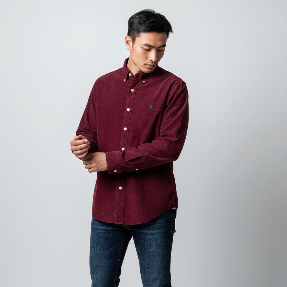 Ralph Lauren Corduroy Shirt M Burgundy Button Down Long Sleeve Pony Logo